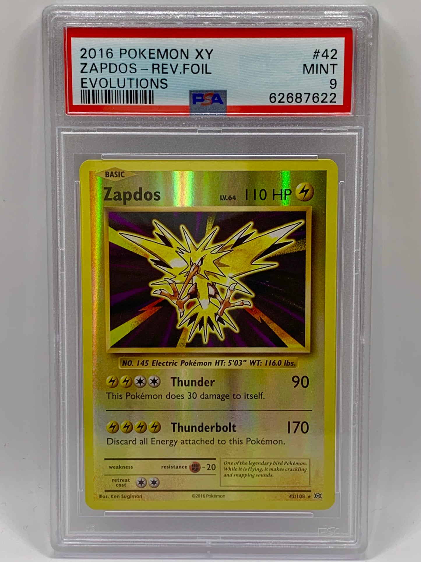 Zapdos 2016 Pokemon XY Evolutions #42 - Rev.Foil Evolutions - PSA MINT 9